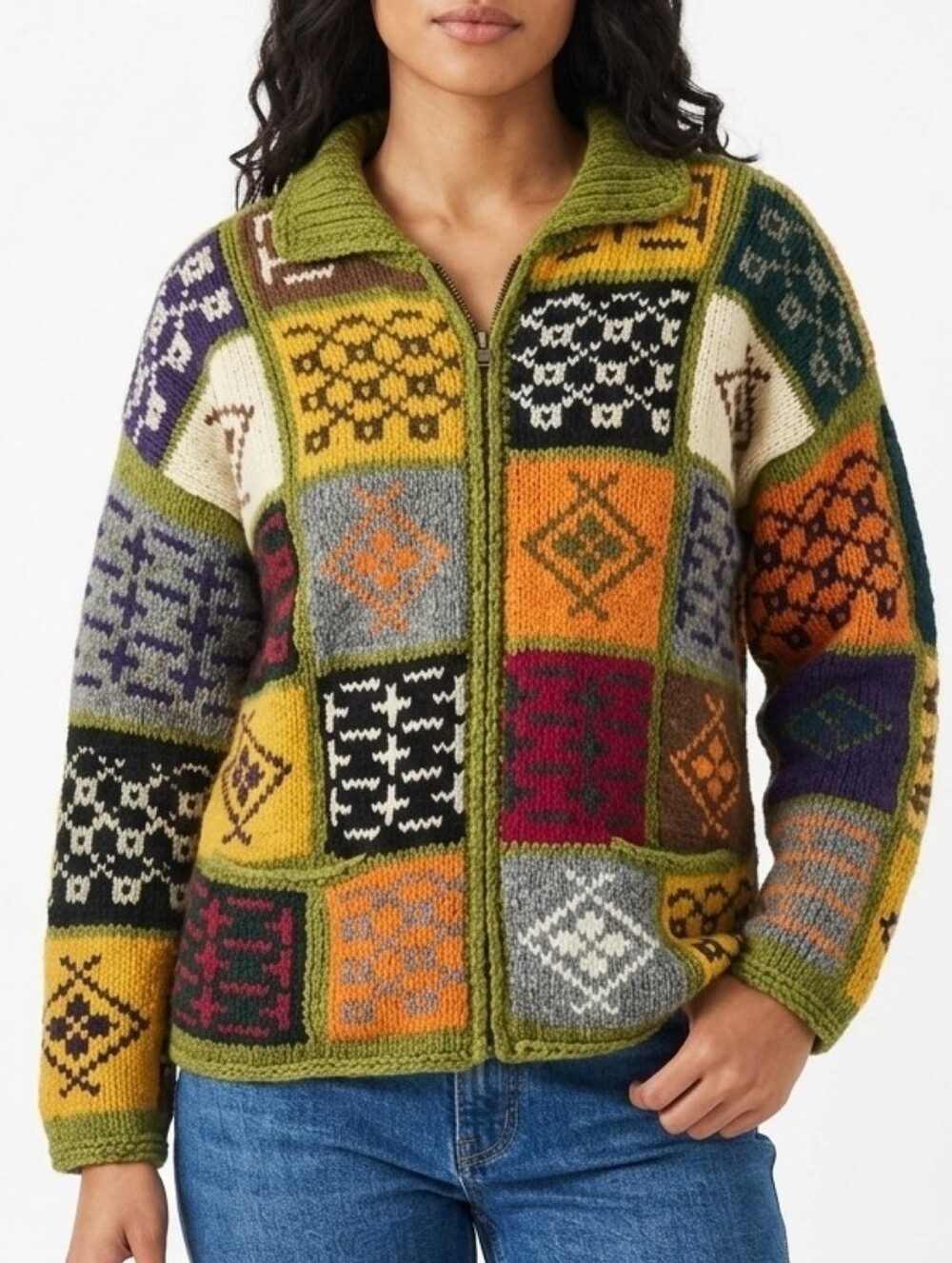 Vintage Equadorian Patchwork Zip-Front Wool Cardigan Sweater In Olive Green